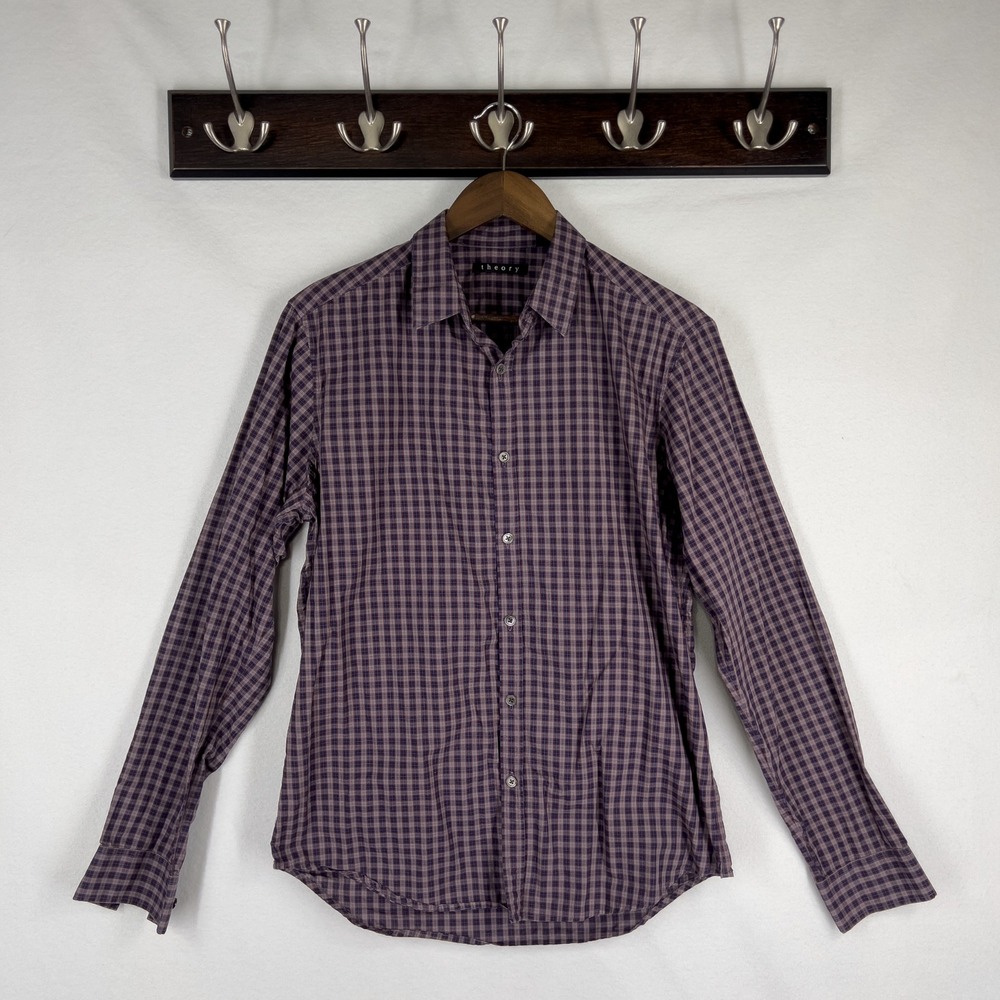 Theory Button-Up Shirt Men's Medium Purple Gingham Print Long Sleeve 100% Cotton